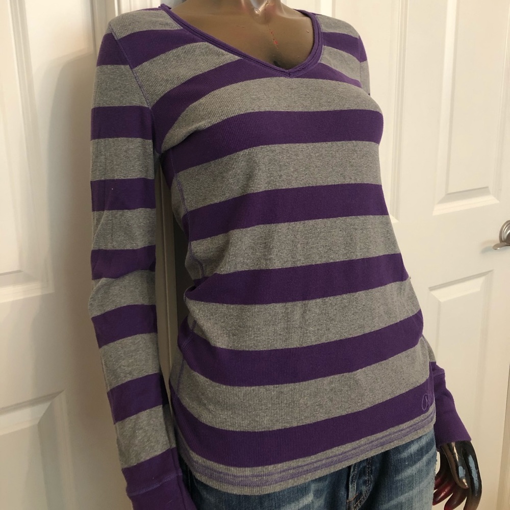 purple and grey striped long sleeve